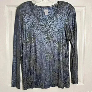 CHICO’S Touch of Cool Grey Foil Blue Animal Print it Long sleeve Top| size small